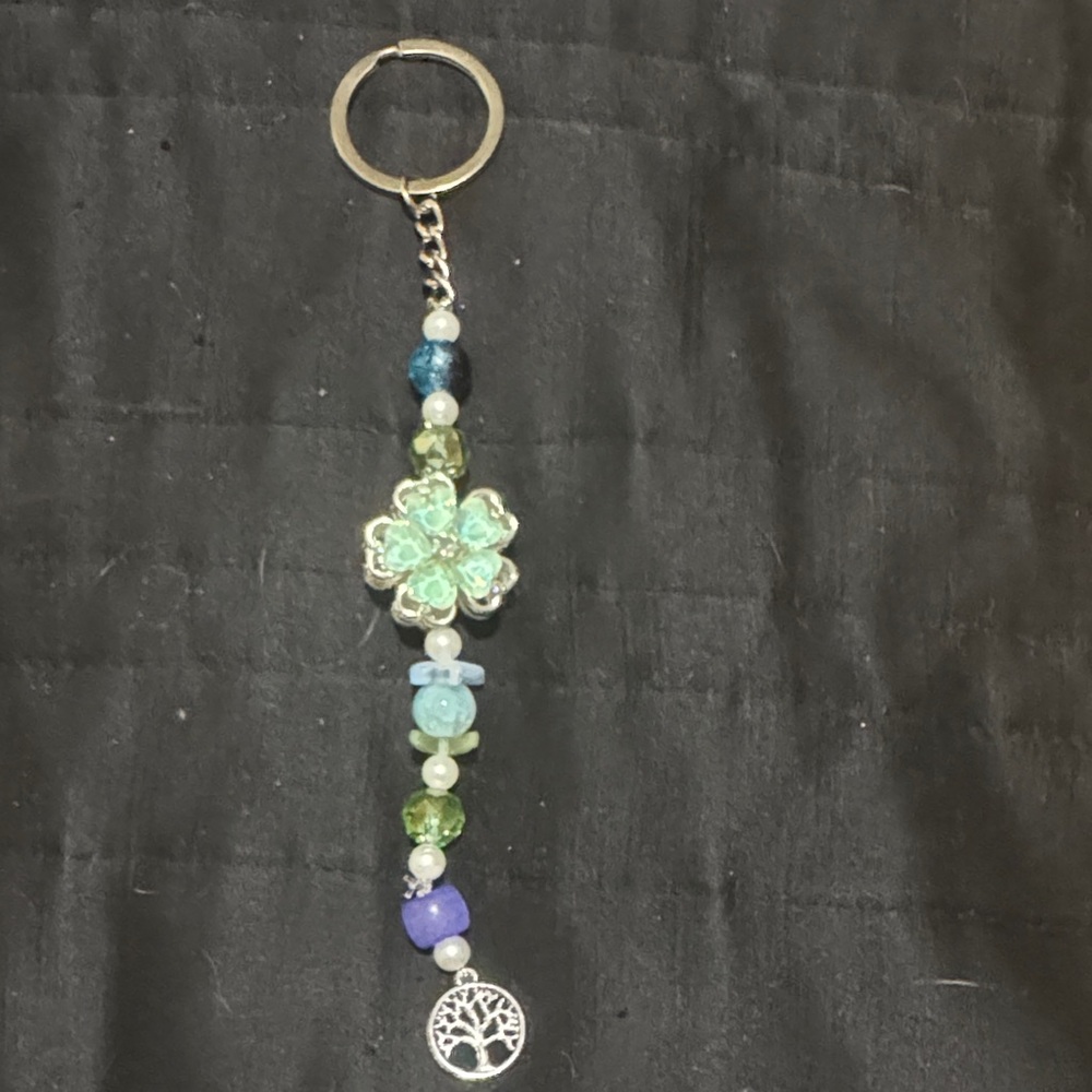 Beaded Flower Keychain Charm in Green and Blue
